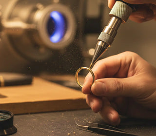 Gold ring being worked on with a tool in a jewelry-making setting