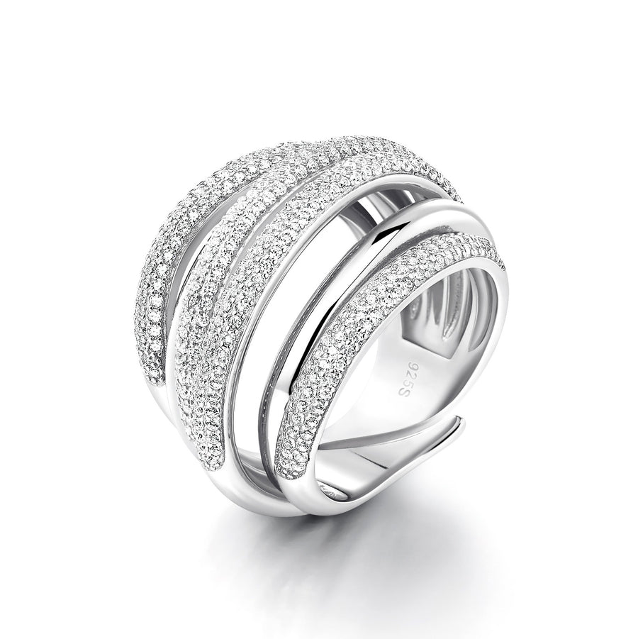 Sterling silver Dazzle Ring with 18k white gold plating and pavé zirconia bands.