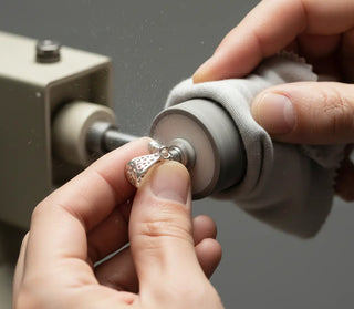 Person using a jewelry polisher on a silver ring against a neutral background