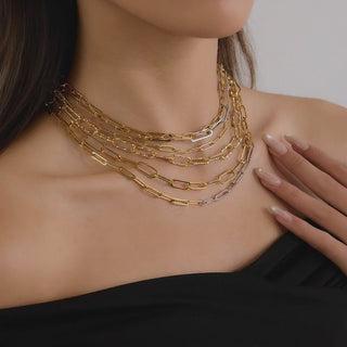paperclip necklaces in different length on a neck