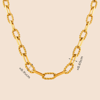 A gold-plated chain and twist bracelet and necklace set with dimensions labeled, indicating a sleek and modern design.