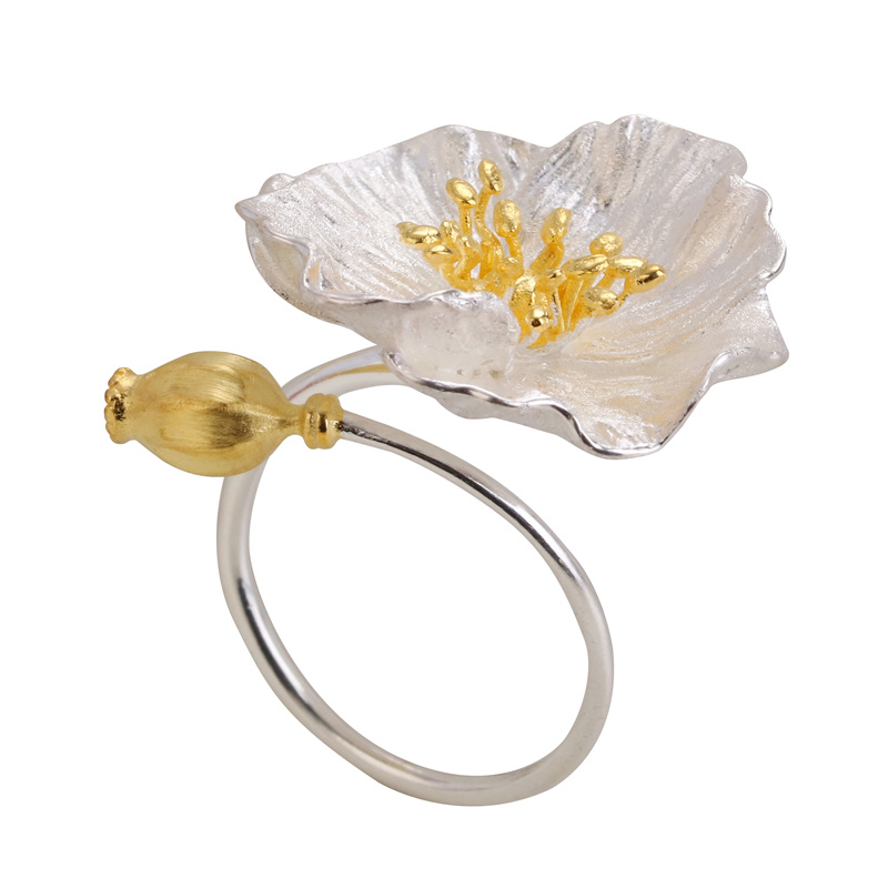 Sterling Silver with Gold Plated Cocktail Poppy Flower Ring-Rings-SMODDO